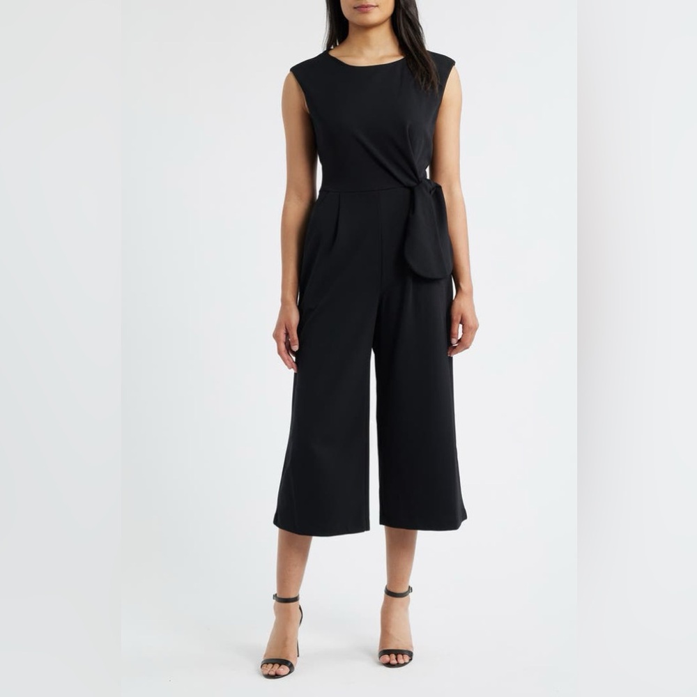Tahari Black Sleeveless Wide-Leg Jumpsuit with Side Tie